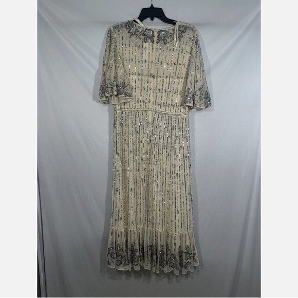 NWT $578 Mac Duggal [ 10 ] Embellished Beaded Flounce Sleeve Midi Dress‎ Cream - Picture 13 of 15